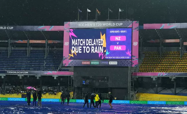 A large screen announces a delay in the start of T20 World Cup cricket match between New Zealand and Pakistan due to rain, in Colombo, Sri Lanka, Saturday, Feb. 21, 2026. (AP Photo/Eranga Jayawardena)