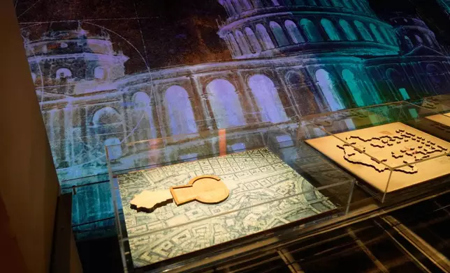 A rendering of St. Peter's Basilica is displayed during an exhibition titled "Ultra Visibilia" on the occasion of the 400th anniversary of the basilica's dedication at the Vatican, Monday, Feb. 16, 2026. (AP Photo/Gregorio Borgia)