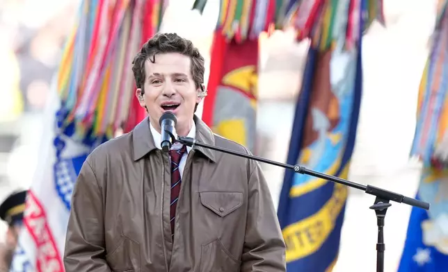 Charlie Puth performs the national anthem before the NFL Super Bowl 60 football game between the Seattle Seahawks and the New England Patriots, Sunday, Feb. 8, 2026, in Santa Clara, Calif. (AP Photo/Frank Franklin II)