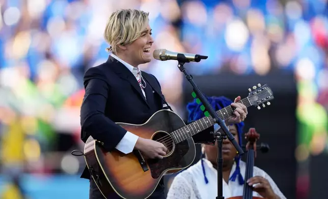 Brandi Carlile performs "America the Beautiful" before the NFL Super Bowl 60 football game between the New England Patriots and the Seattle Seahawks, Sunday, Feb. 8, 2026, in Santa Clara, Calif. (AP Photo/Doug Benc)