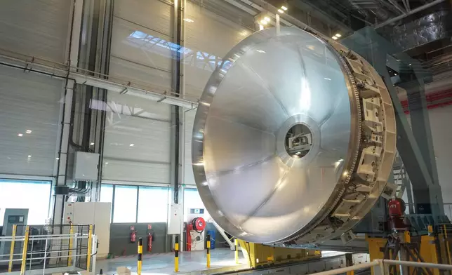 A partial view of assembly line of the Ariane 64 rocket, in Les Mureaux, west of Paris, Wednesday, Feb. 4, 2026. (AP Photo/Thibault Camus)