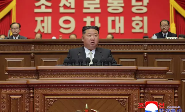This photo provided on Friday, Feb. 20, 2026, by the North Korean government, North Korean leader Kim Jong Un delivers a speech during the ruling Workers’ Party Congress in Pyongyang, Thursday, Feb. 19, 2026. Independent journalists were not given access to cover the event depicted in this image distributed by the North Korean government. The content of this image is as provided and cannot be independently verified. Korean language watermark on image as provided by source reads: "KCNA" which is the abbreviation for Korean Central News Agency. (Korean Central News Agency/Korea News Service via AP)