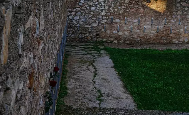 Two red roses are placed on the execution wall at the Kaisariani Shooting Range in the Kaisariani suburb of Athens, Monday, Feb. 16, 2026, where 200 Greek communist political prisoners were executed by Nazi forces on May 1, 1944. (AP Photo/Petros Giannakouris)