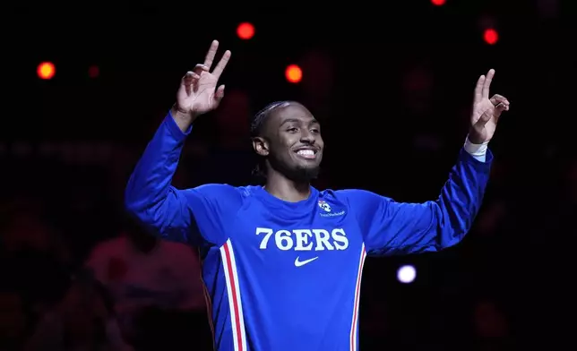Philadelphia 76ers guard Tyrese Maxey is introduced before the 3-point contest at the NBA basketball All-Star weekend festivities Saturday, Feb. 14, 2026, in Inglewood, Calif. (AP Photo/Jae C. Hong)