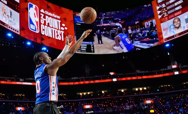 Philadelphia 76ers guard Tyrese Maxey shoots during the 3-point contest at the NBA basketball All-Star weekend festivities Saturday, Feb. 14, 2026, in Inglewood, Calif. (AP Photo/Mark J. Terrill)