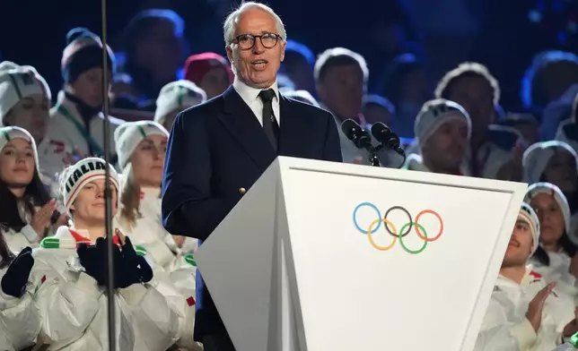 President of the Milan Cortina 2026 foundation Giovanni Malago speaks during the closing ceremony of the 2026 Winter Olympics, in Verona, Italy, Sunday, Feb. 22, 2026. (AP Photo/Natacha Pisarenko)