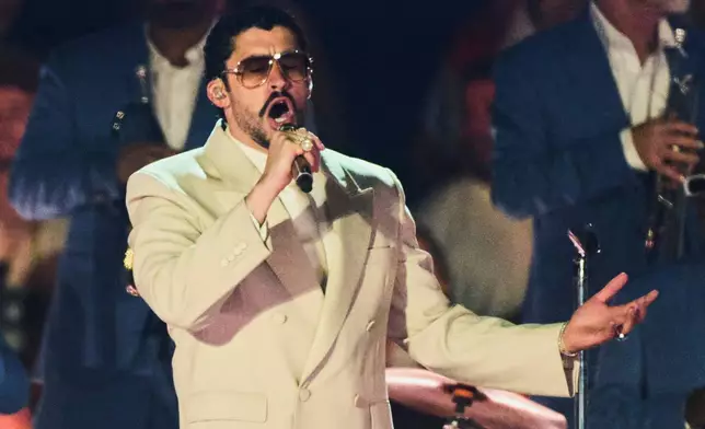 Bad Bunny performs in concert at the Monumental stadium in Buenos Aires, Argentina, Friday, Feb. 13, 2026. (AP Photo/Rodrigo Abd)