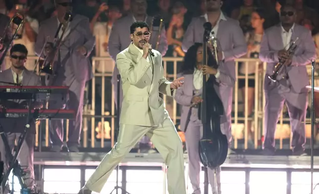 Bad Bunny performs in concert at the Allianz Parque stadium in Sao Paulo, Friday, Feb. 20, 2026. (AP Photo/Andre Penner)