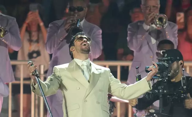 Bad Bunny performs in concert at the Allianz Parque stadium in Sao Paulo, Friday, Feb. 20, 2026. (AP Photo/Andre Penner)