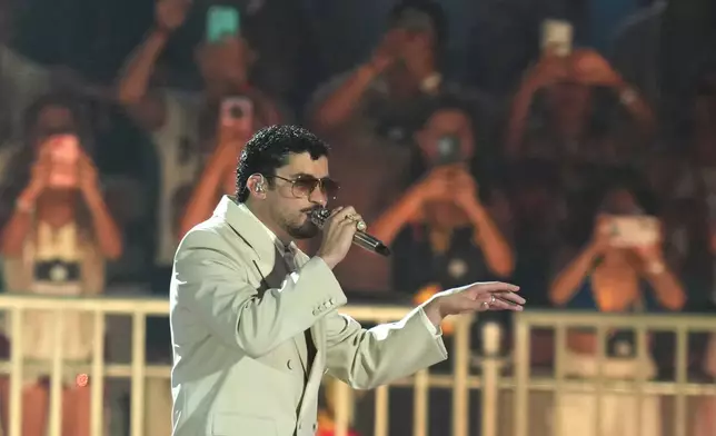 Bad Bunny performs in concert at the Allianz Parque stadium in Sao Paulo, Friday, Feb. 20, 2026. (AP Photo/Andre Penner)