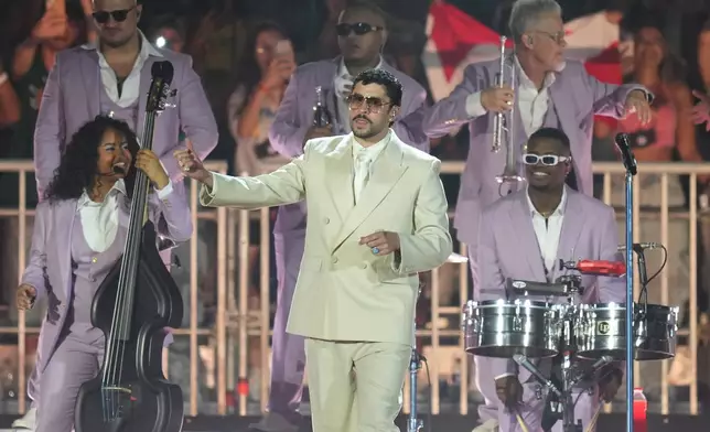 Bad Bunny performs in concert at the Allianz Parque stadium in Sao Paulo, Friday, Feb. 20, 2026. (AP Photo/Andre Penner)