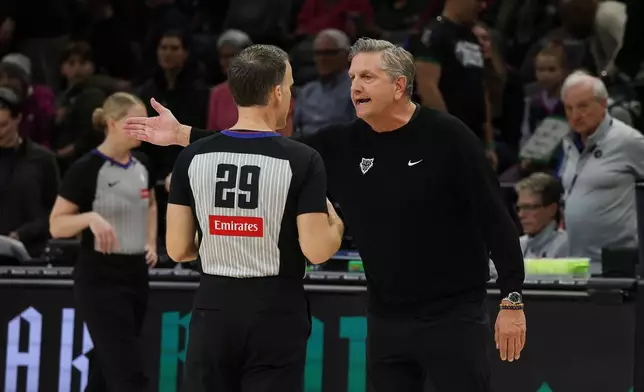 Minnesota Timberwolves head coach Chris Finch reacts after a play during the first half of an NBA basketball game against the Philadelphia 76ers, Sunday, Feb. 22, 2026, in Minneapolis. (AP Photo/Stacy Bengs)