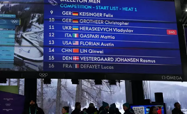 A scoreboard, that indicates that Ukrainian skeleton athlete Vladyslav Heraskevych did not start, is seen at the 2026 Winter Olympics, in Cortina d'Ampezzo, Italy, Thursday, Feb. 12, 2026. (AP Photo/Alessandra Tarantino)