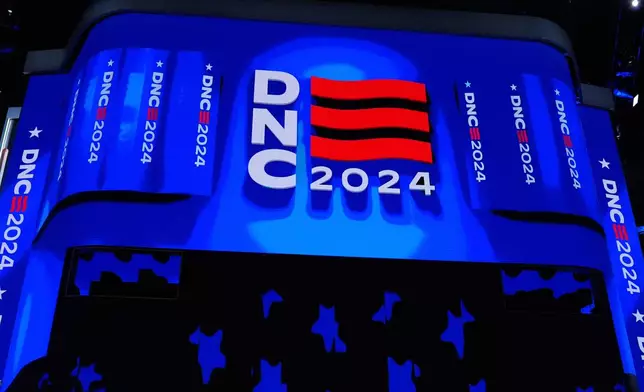 FILE - Part of the stage with the DNC logo is seen at the Democratic National Convention Thursday, Aug. 22, 2024, in Chicago. (AP Photo/Brynn Anderson, File)