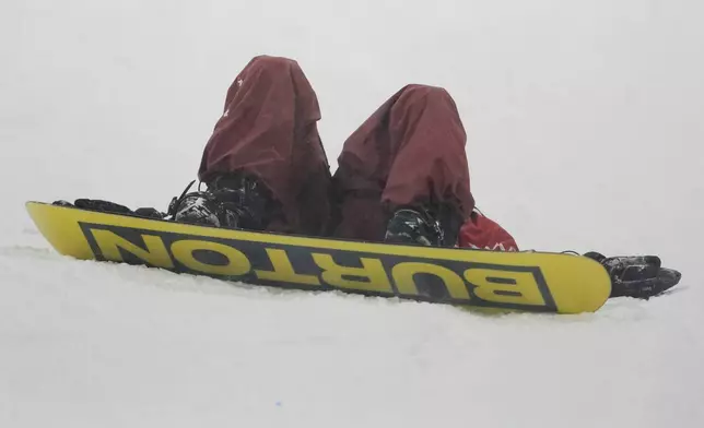 Canada's Mark McMorris reacts after crashing during a snowboard big air training session at the 2026 Winter Olympics, in Livigno, Italy, Wednesday, Feb. 4, 2026. (AP Photo/Lindsey Wasson)