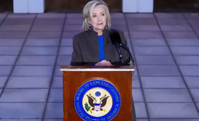 Former Secretary of State Hillary Clinton speaks outside the Chappaqua Performing Arts Center, after testifying before U.S. House lawmakers as part of a congressional investigation into convicted sex offender Jeffrey Epstein, Thursday, Feb. 26, 2026, in Chappaqua, N.Y. (AP Photo/Yuki Iwamura)