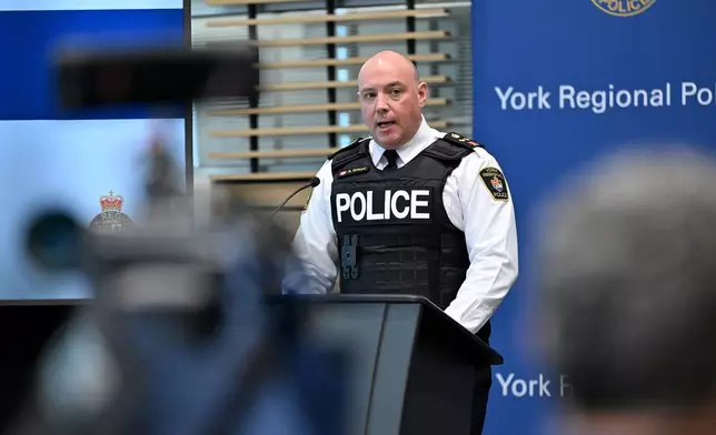York regional police deputy chief Ryan Hogan speaks during a news conference to announce the results of 'Project South,' a lengthy investigation into organized crime and corruption at York regional police headquarters in Aurora, Ont. on Thursday, Feb. 5, 2026. (Jon Blacker /The Canadian Press via AP)
