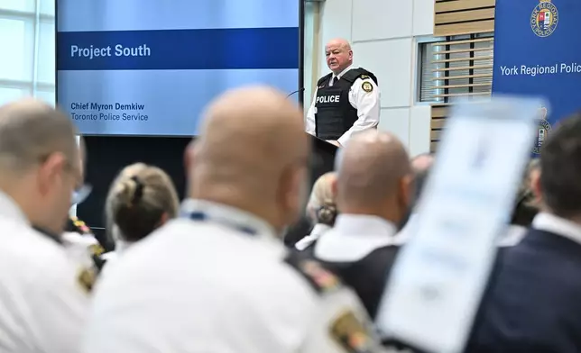 Toronto police service chief Myron Demkiw speaks during a news conference to announce the results of 'Project South,' a lengthy investigation into organized crime and corruption at York regional police headquarters in Aurora, Ont. on Thursday, Feb. 5, 2026. (Jon Blacker /The Canadian Press via AP)
