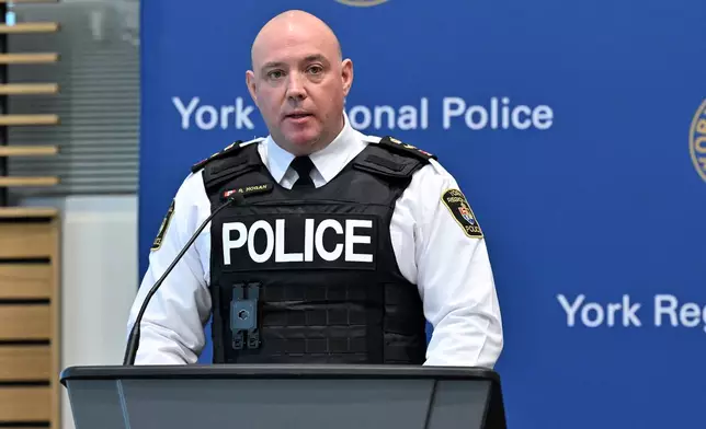 York regional police deputy chief Ryan Hogan speaks during a news conference to announce the results of 'Project South,' a lengthy investigation into organized crime and corruption at York regional police headquarters in Aurora, Ont. on Thursday, Feb. 5, 2026. (Jon Blacker /The Canadian Press via AP)