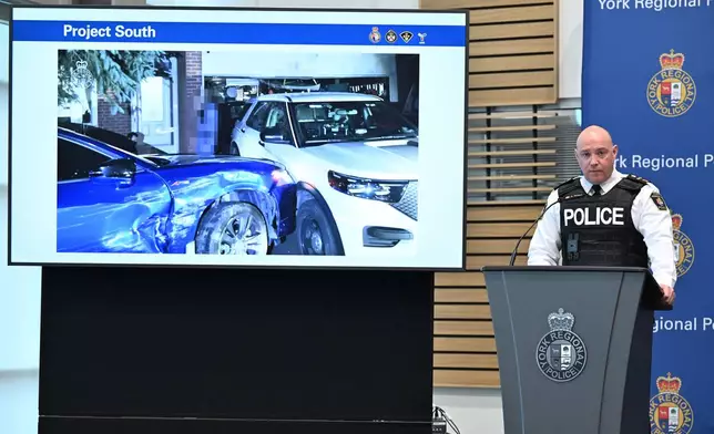 York regional police deputy chief Ryan Hogan speaks during a news conference to announce the results of 'Project South,' a lengthy investigation into organized crime and corruption at York regional police headquarters in Aurora, Ont. on Thursday, Feb. 5, 2026. (Jon Blacker /The Canadian Press via AP)