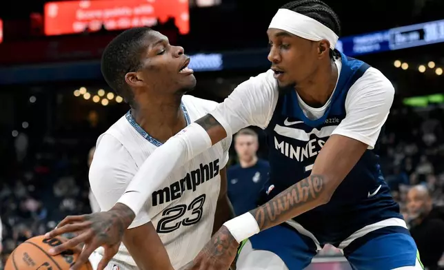 Minnesota Timberwolves forward Jaden McDaniels, right, passes the ball around Memphis Grizzlies forward Cedric Coward (23) in the first half of an NBA basketball game Monday, Feb. 2, 2026, in Memphis, Tenn. (AP Photo/Brandon Dill)