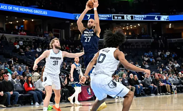 Minnesota Timberwolves center Rudy Gobert (27) handles the ball against Memphis Grizzlies center Jock Landale (31) in the first half of an NBA basketball game Monday, Feb. 2, 2026, in Memphis, Tenn. (AP Photo/Brandon Dill)