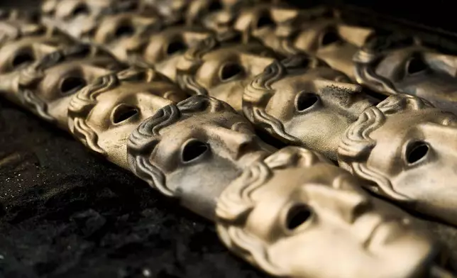 Completed British Academy Film Awards masks at the FSE Foundry in Braintree, England on Tuesday, Feb. 10, 2026. (Scott A Garfitt/Invision/AP)