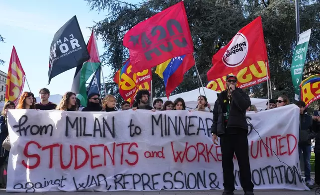 United States' activist Chris Smalls speaks during a protest against ICE, at the 2026 Winter Olympics, in Milan, Italy, Friday, Feb. 6, 2026. (AP Photo/Antonio Calanni)