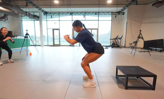 Plano East High School soccer player Sofia Tepichian, right, has her movement analyzed with help from sports biomechanics researcher Sophia Ulman at the Movement Science Laboratory at Scottish Rite for Children in Frisco, Texas, Jan. 22, 2026. (AP Photo/LM Otero)