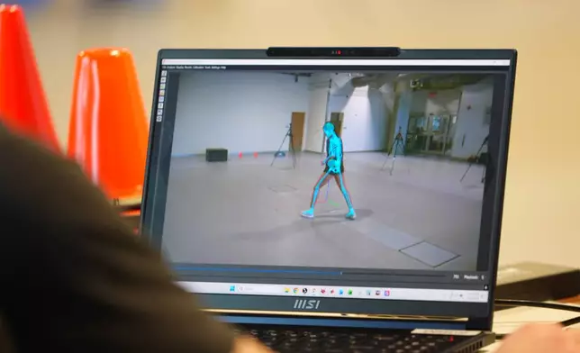 A skeletal representation of high school soccer player Sofia Tepichian is seen at the Movement Science Laboratory at Scottish Rite for Children in Frisco, Texas, Jan. 22, 2026. (AP Photo/LM Otero)