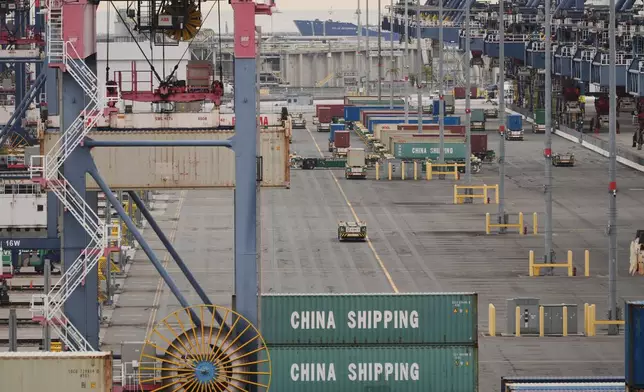 Containers are stacked at the Port of Long Beach Friday, Feb. 20, 2026, in Long Beach, Calif. (AP Photo/Damian Dovarganes)