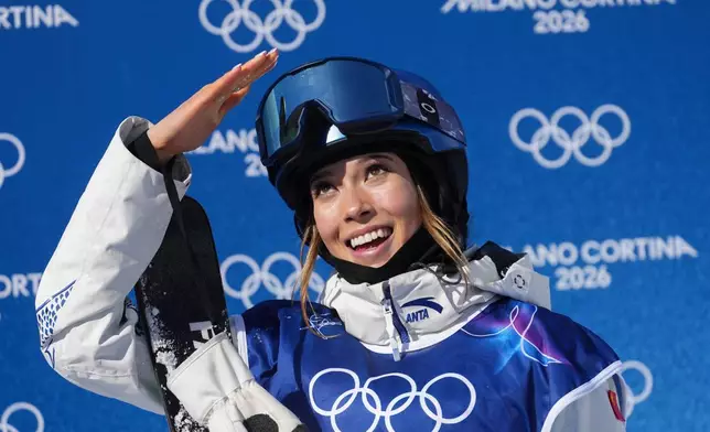 China's Eileen Gu reacts during the women's freestyle skiing halfpipe final at the 2026 Winter Olympics, in Livigno, Italy, Sunday, Feb. 22, 2026. (AP Photo/Lindsey Wasson)