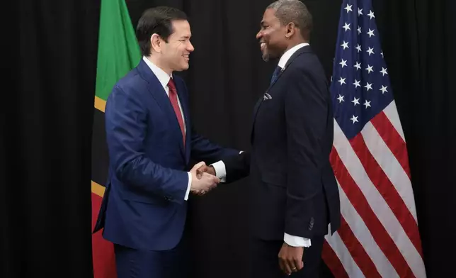 U.S. Secretary of State Marco Rubio, left, shakes hands with St. Kitts and Nevis Prime Minister Terrance Drew in Basseterre, Saint Kitts and Nevis, which is hosting the Caribbean Community (CARICOM) meeting, Wednesday, Feb. 25, 2026. (Jonathan Ernst/Pool photo via AP)