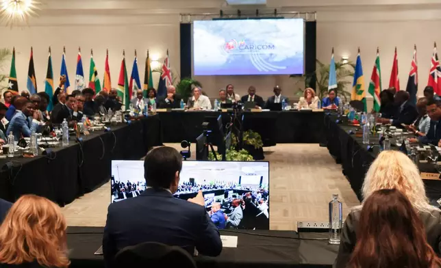 U.S. Secretary of State Marco Rubio, front center, attends the Caribbean Community (CARICOM) plenary session in Basseterre, Saint Kitts and Nevis, Wednesday, Feb. 25, 2026. (Jonathan Ernst/Pool photo via AP)