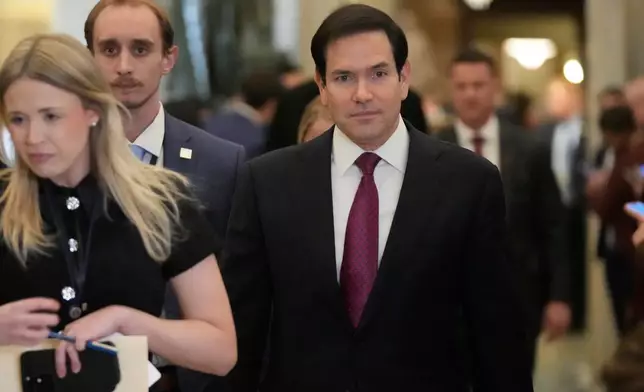Secretary of State Marco Rubio arrives before President Donald Trump delivers the State of the Union address to a joint session of Congress in the House chamber at the U.S. Capitol in Washington, Tuesday, Feb. 24, 2026. (AP Photo/Mark Schiefelbein)