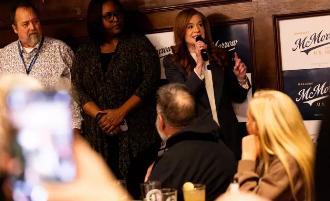 Michigan State Sen. Mallory McMorrow, a candidate for the U.S. Senate, speaks during a campaign event on Thursday, Feb. 5, 2026, at Churchill's Food &amp; Spirits in Flint, Mich. (AP Photo/Emily Elconin)