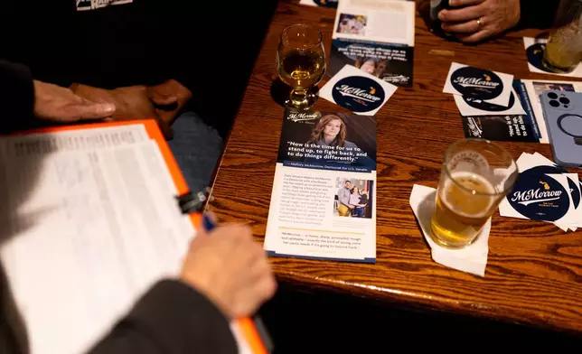 Promotional materials on a table during a campaign event for Michigan State Sen. Mallory McMorrow, a candidate for the U.S. Senate, on Thursday, Feb. 5, 2026, at Churchill's Food &amp; Spirits in Flint, Mich. (AP Photo/Emily Elconin)