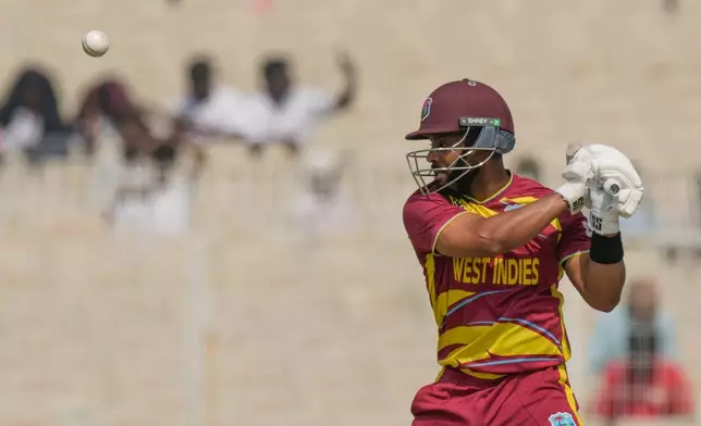 West Indies' captain Shai Hope plays a shot during the T20 World Cup cricket match between West Indies and Italy in Kolkata, India, Thursday, Feb. 19, 2026. (AP Photo/Bikas Das)