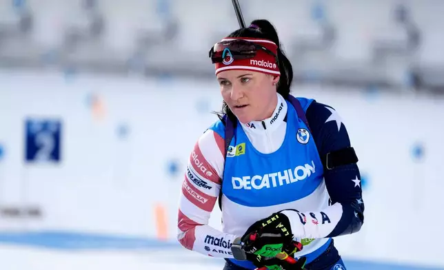 FILE - Joanne Reid, of the United States, competes during the women's 7.5 km sprint competition at the Biathlon World Cup event in Pokljuka, Slovenia, Jan. 5, 2023. (AP Photo/Darko Bandic, File)