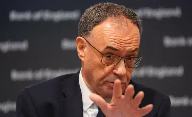 Governor of the Bank of England, Andrew Bailey, talks during a Bank of England Monetary Policy Report press conference in London, Thursday, Feb. 5, 2026. (Carl Court/Pool Photo via AP)