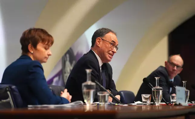 Governor of the Bank of England, Andrew Bailey, talks during a Bank of England Monetary Policy Report press conference in London, Thursday, Feb. 5, 2026. (Carl Court/Pool Photo via AP)