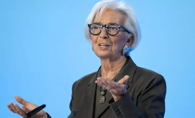 President of the European Central Bank (ECB) Christine Lagarde speaks at the press conference after the Governing Council meeting of the ECB, in Frankfurt, Germany, Thursday Feb. 5, 2026. (Florian Wiegand/dpa via AP)