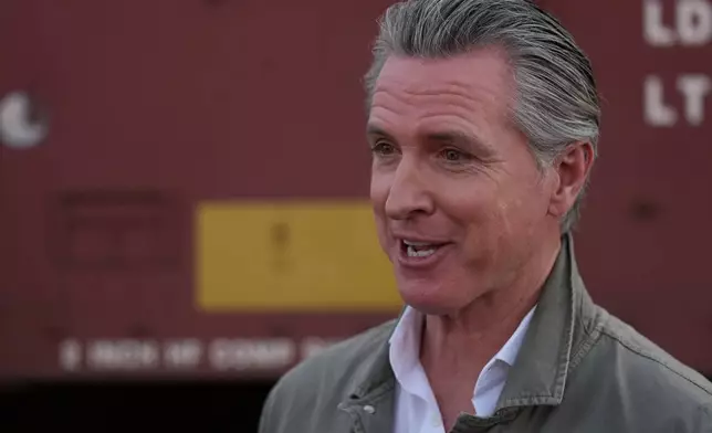 FILE - California Gov. Gavin Newsom reacts during a news conference in Wasco, Calif., Tuesday, Feb. 3, 2026. (AP Photo/Damian Dovarganes, File)