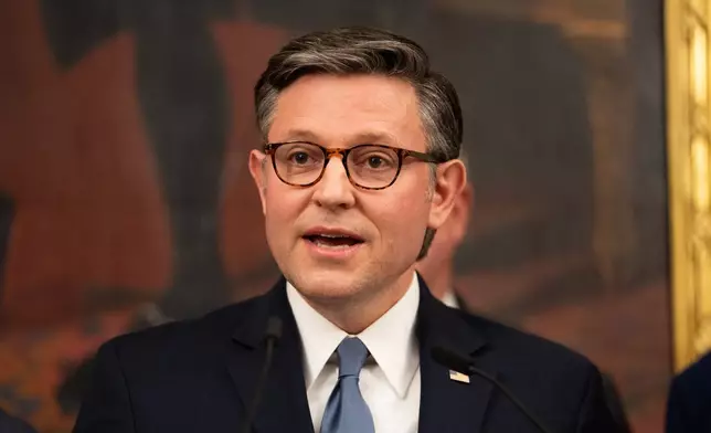 House Speaker Mike Johnson, R-La., speaks to members of the media at the U.S. Capitol, Thursday, Jan. 22, 2026, in Washington. (AP Photo/Allison Robbert)