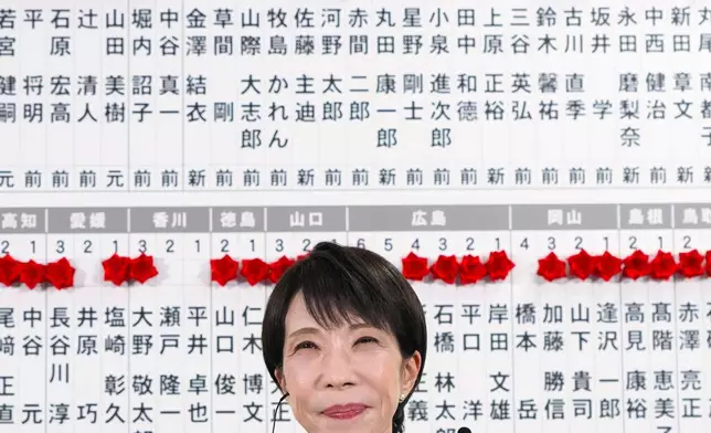 Sanae Takaichi, Japan's prime minister and president of the ruling Liberal Democratic Party (LDP), receives an interview at the LDP headquarters Sunday, Feb. 8, 2026 in Tokyo, (Keisuke Hosojima/Kyodo News via AP)