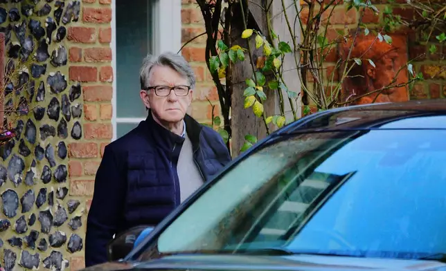 FILE - Peter Mandelson leaves his home in Wiltshire, England, Feb. 20, 2026. (Ben Birchall/PA via AP, File)