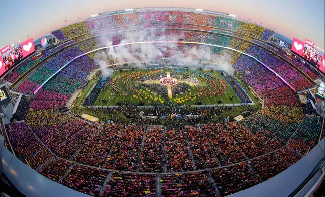 FILE - This aerial view shows the halftime performance featuring Beyoncé, Coldplay singer Chris Martin and Bruno Mars during Super Bowl 50 in Santa Clara, Calif., on Feb. 7, 2016. (AP Photo/Morry Gash, File)