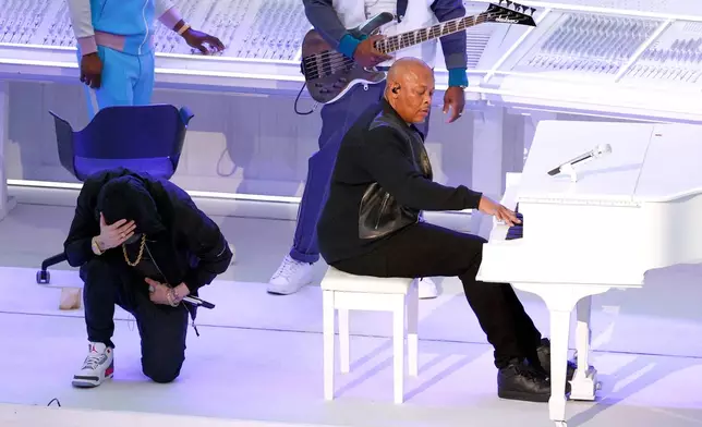 FILE - Eminem, left, and Dr. Dre perform in the halftime show during the NFL Super Bowl 56 football game in Inglewood, Calif., on Feb. 13, 2022. (AP Photo/Tyler Kaufman, File)