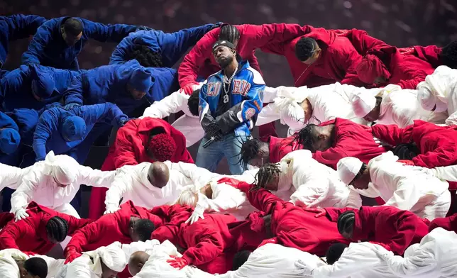 FILE - Kendrick Lamar performs during halftime of the NFL Super Bowl 59 football game in New Orleans on Feb. 9, 2025. (AP Photo/Matt Slocum, File)