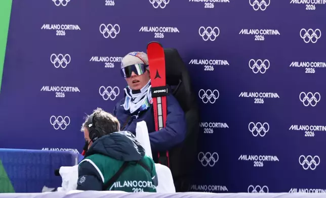 United States' Breezy Johnson after completing an alpine ski, downhill portion of a women's team combined race, at the 2026 Winter Olympics, in Cortina d'Ampezzo, Italy, Tuesday, Feb. 10, 2026. (AP Photo/Marco Trovati)